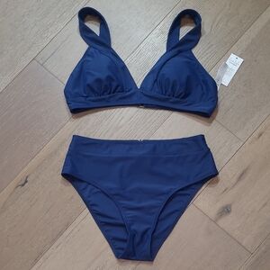 NWT Cupshe Bikini Women's sz L/M Navy High Waisted Swim Separates